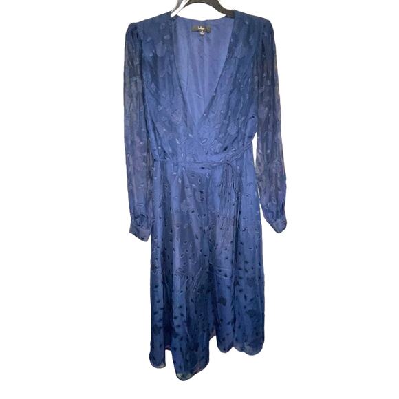 Lulus Evening of Elegance Navy Blue Floral Jacquard Wrap Midi Dress size Medium - Picture 5 of 10